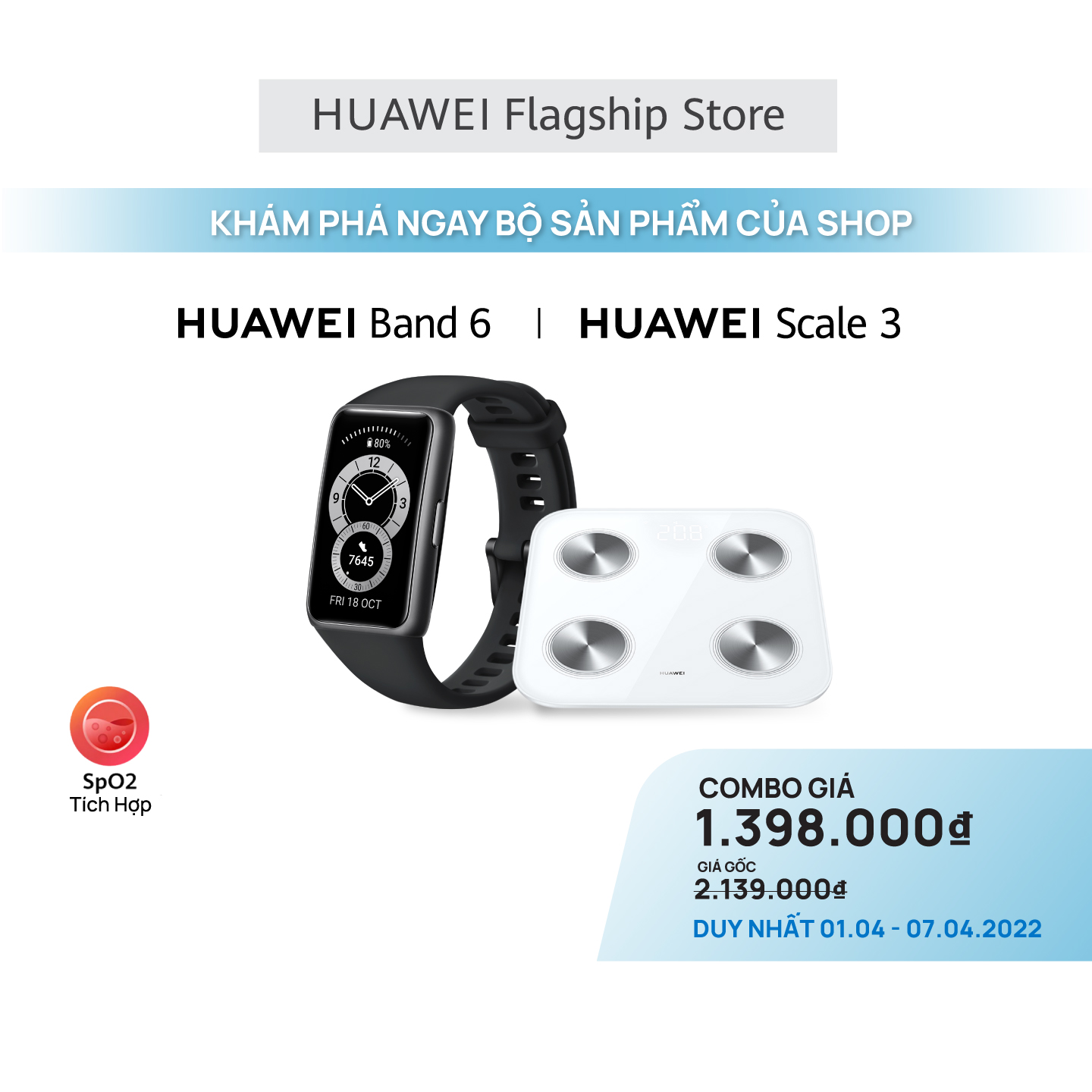 Bộ Sản Phẩm Huawei (Vòng Đeo Tay Thông Minh HUAWEI Band 6 + Cân Điện Tử HUAWEI Scale 3) | Hàng Chính Hãng