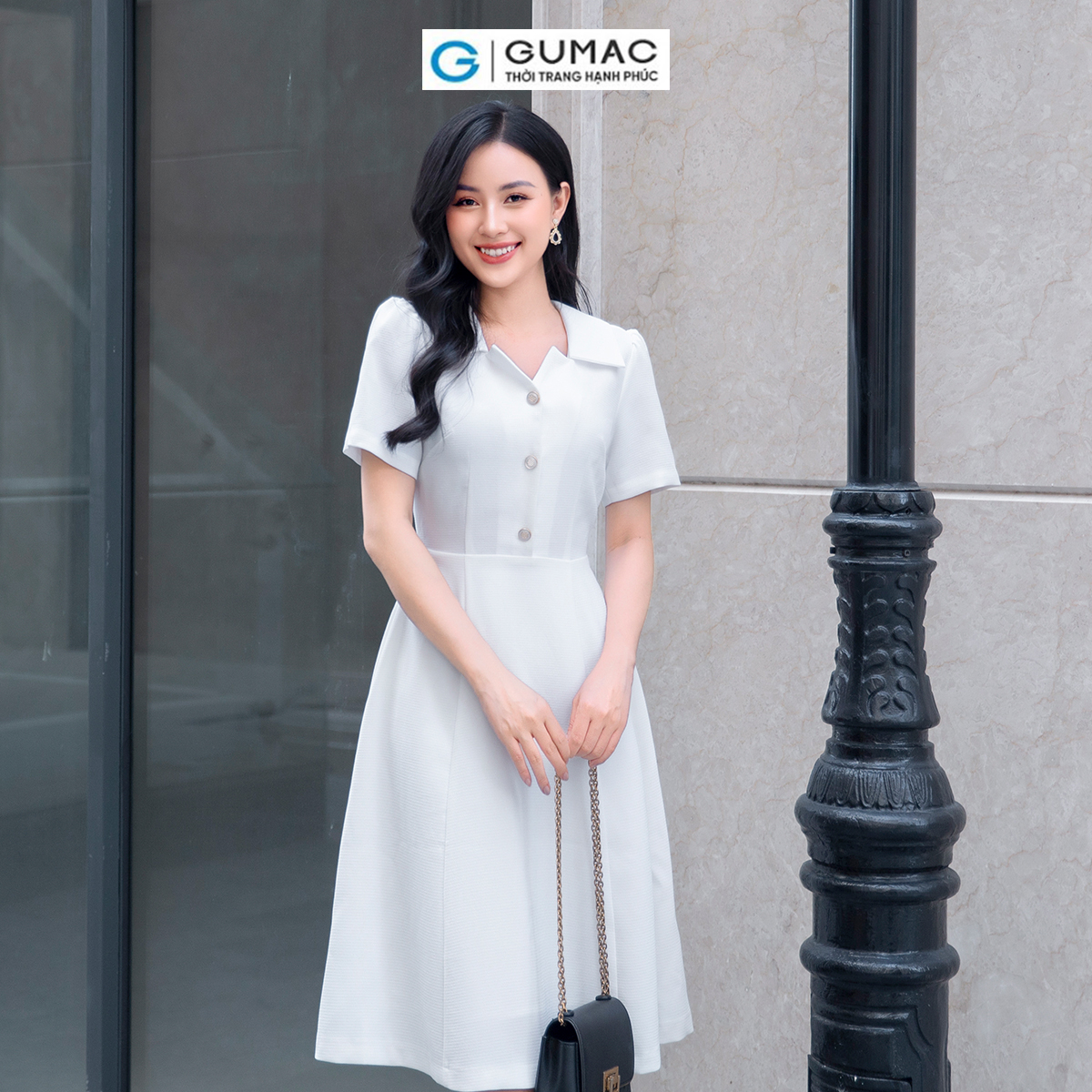 Đầm A cổ cách điệu vải bố giữ phom đi tiệc đi chơi thanh lịch sang trọng GUMAC DD09042