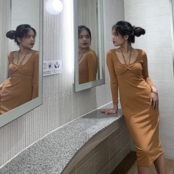 Đầm body thun gân dáng dài nơ ngực dây buộc 2 kiểu xẻ tà sau