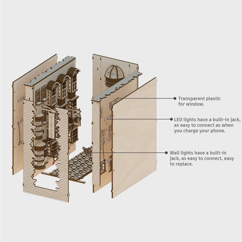 Harry Potter Mô hình Lắp ráp Hẻm Xéo Ba tầng - Hộp chặn sách gỗ thơm có đèn quà tặng, trang trí bàn học, tủ sách