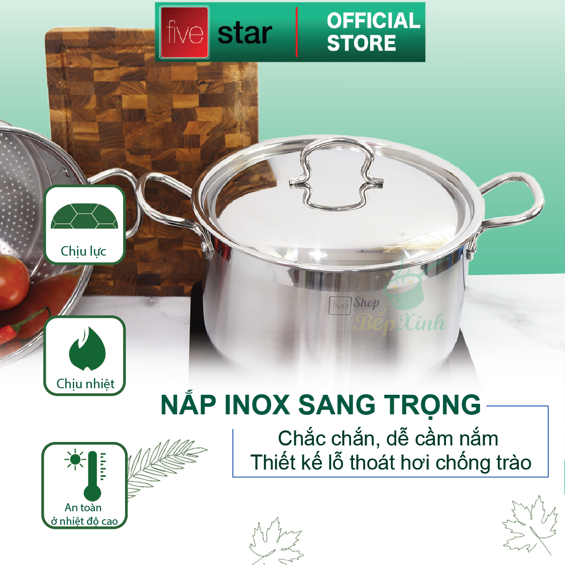 Bộ xửng hấp 3 đáy inox 430 FiveStar Standard bếp từ nắp inox tặng 5 muỗng ăn ( 32cm )