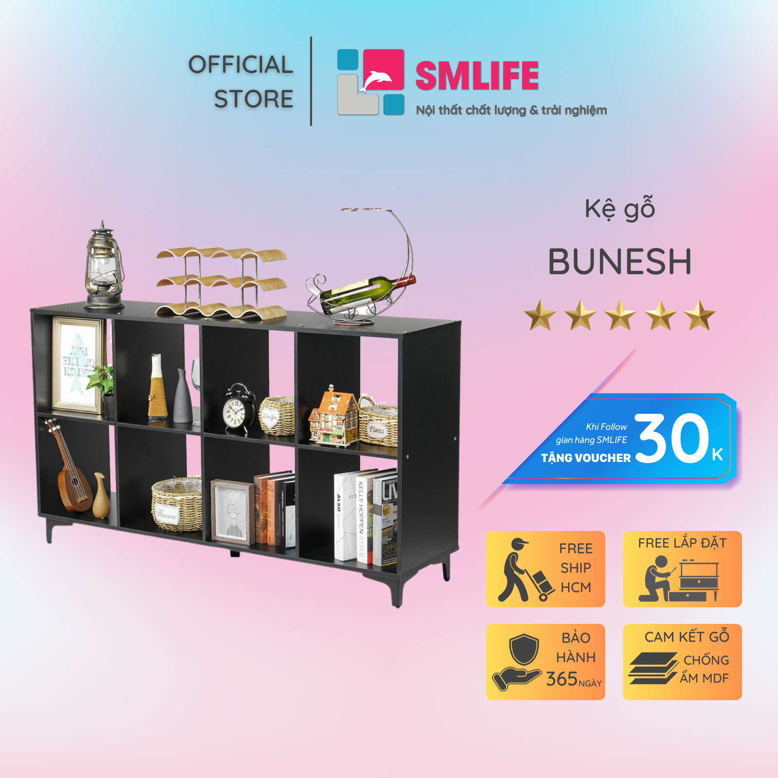 Kệ sách, kệ trang trí gỗ hiện đại SMLIFE Bunesh | Gỗ MDF dày 17mm chống ẩm | D135xR35xC82cm