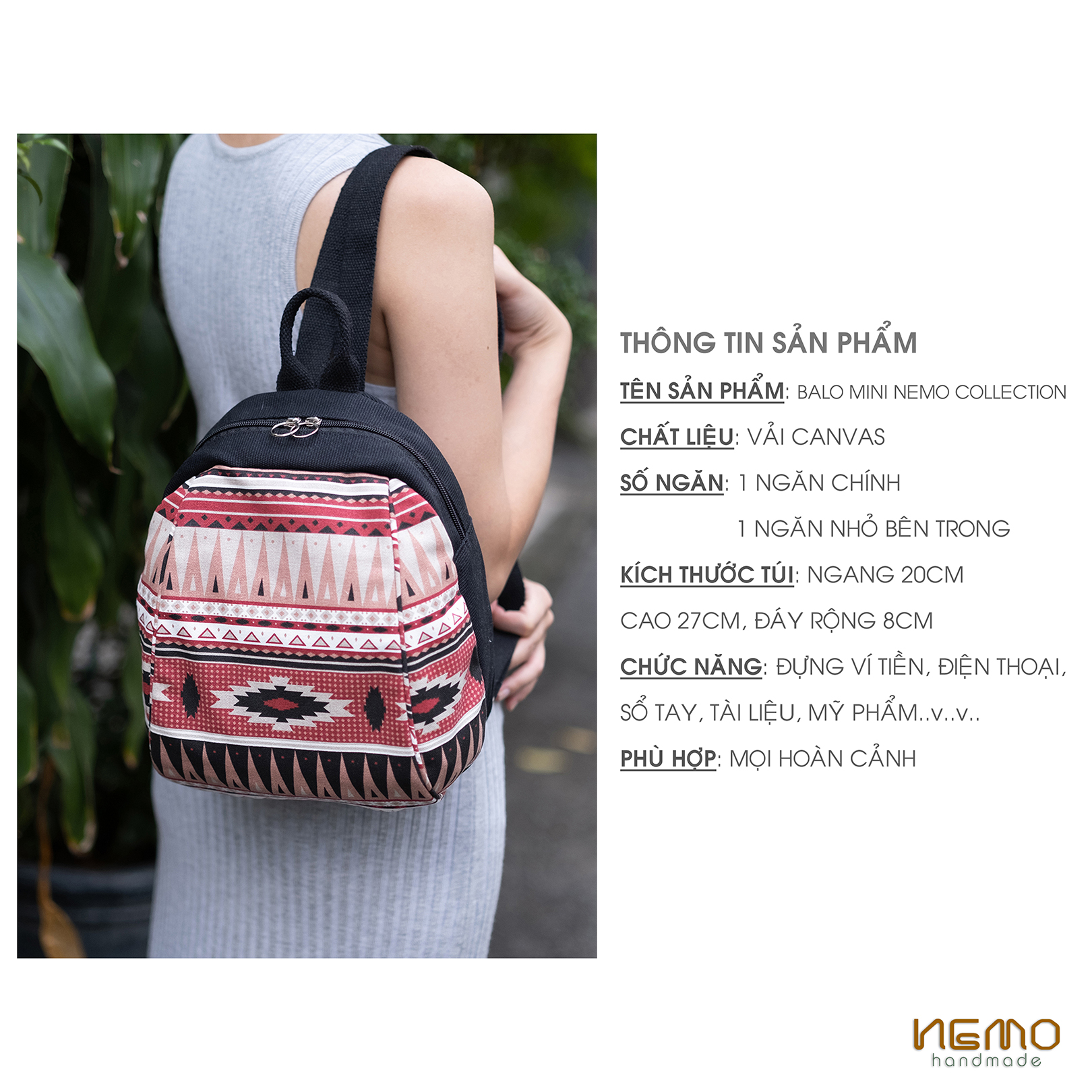 BALO MINI HỌA TIẾT THỔ CẨM PHÔM XINH XẮN, CHẤT VẢI CANVAS DÀY DẶN CAO CẤP, BỀN ĐẸP - BLFG