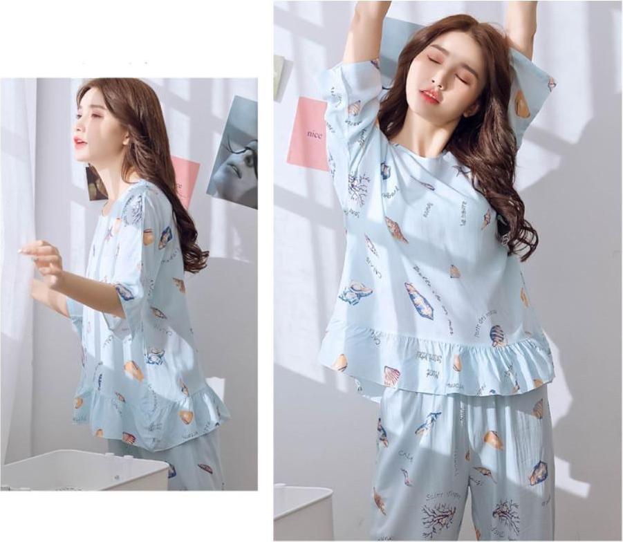 VAPERLA Bộ cotton mặc nhà ocean tay lỡ quần dài