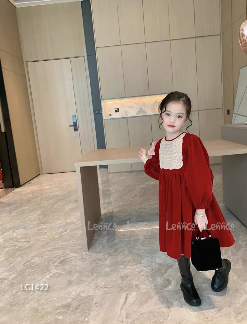 Váy nhung bé gái, Đầm dài tay cho bé 1-10 tuổi phối cổ đính hạt hàng thiết kế chất liệu cao cấp