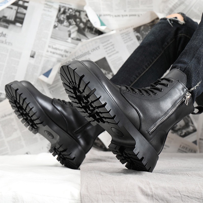 Giày boots nam khóa kéo đế combat tăng 5cm - khóa kéo combat