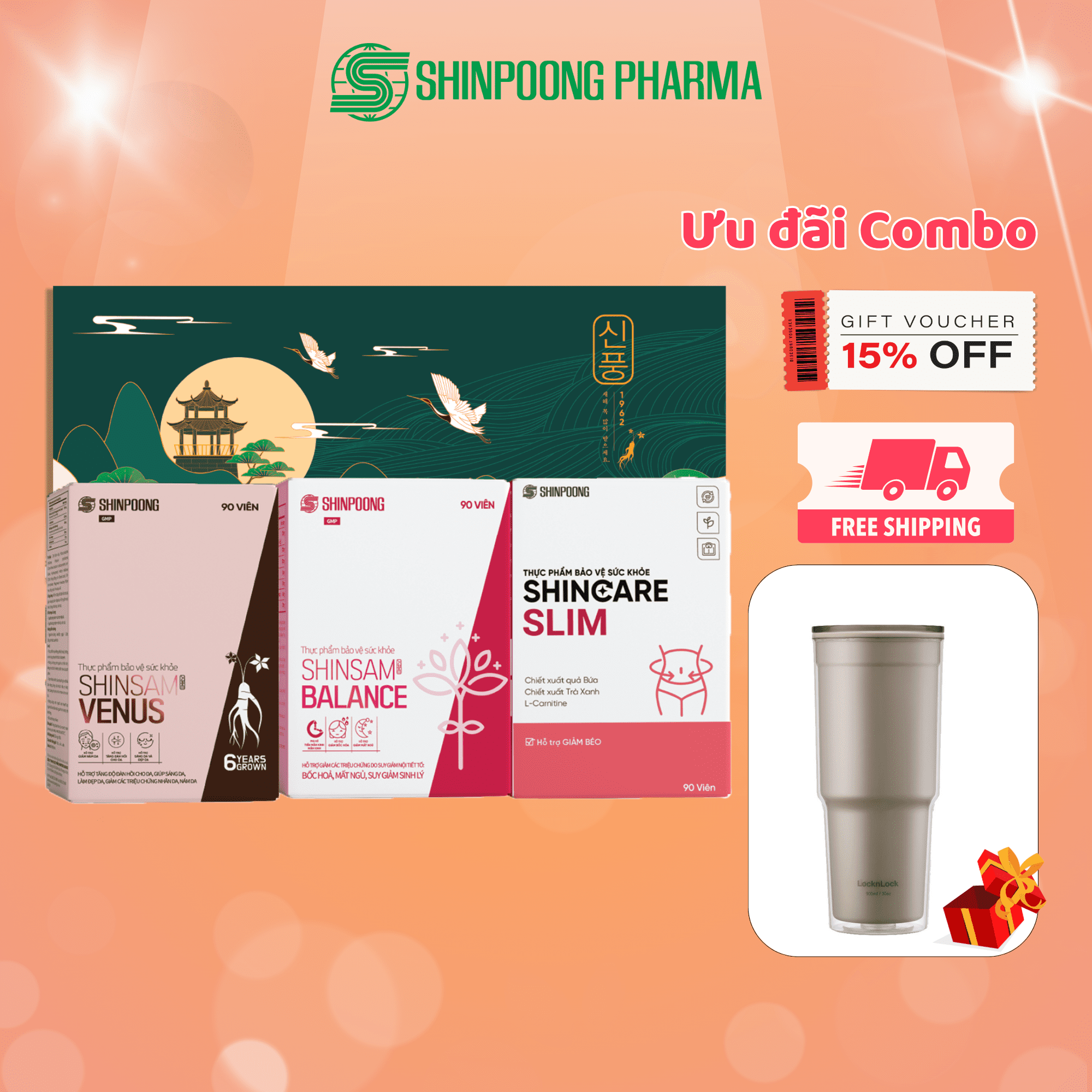 Combo 3 Hộp Viên uống Tăng cường sức khỏe và sinh lý nữ, kiểm soát cân nặng, đẹp da, cải thiện nội tiết tố - Shinsam Balance, ShinsamVenus, Shincare Slim 90 viên SHINPOONG