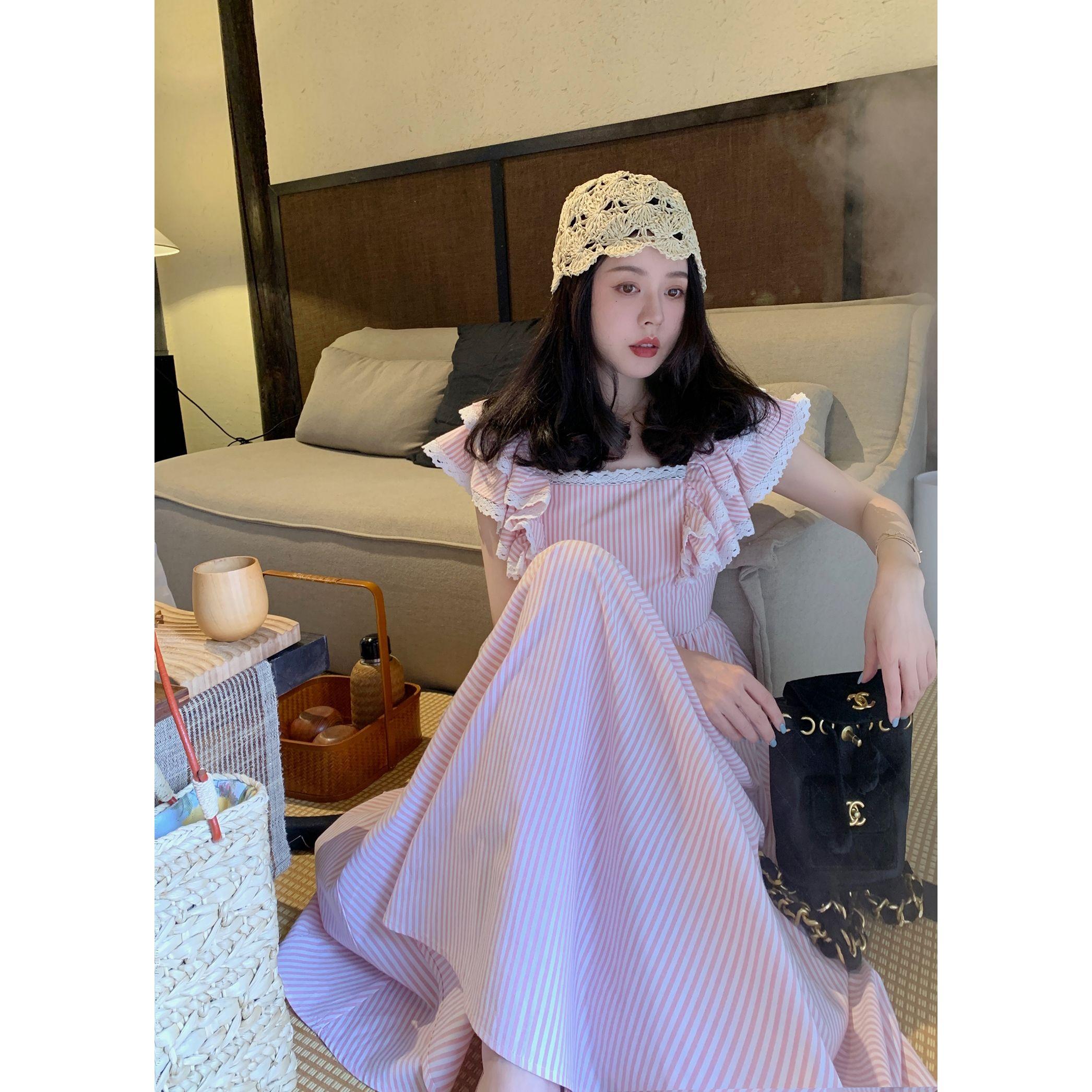 CHENGRUI 2023 Mùa xuân và mùa hè tươi thiếu nữ cảm giác Pháp Vintage vuông cổ áo đầm ngọt eo vuông cổ chữ A váy