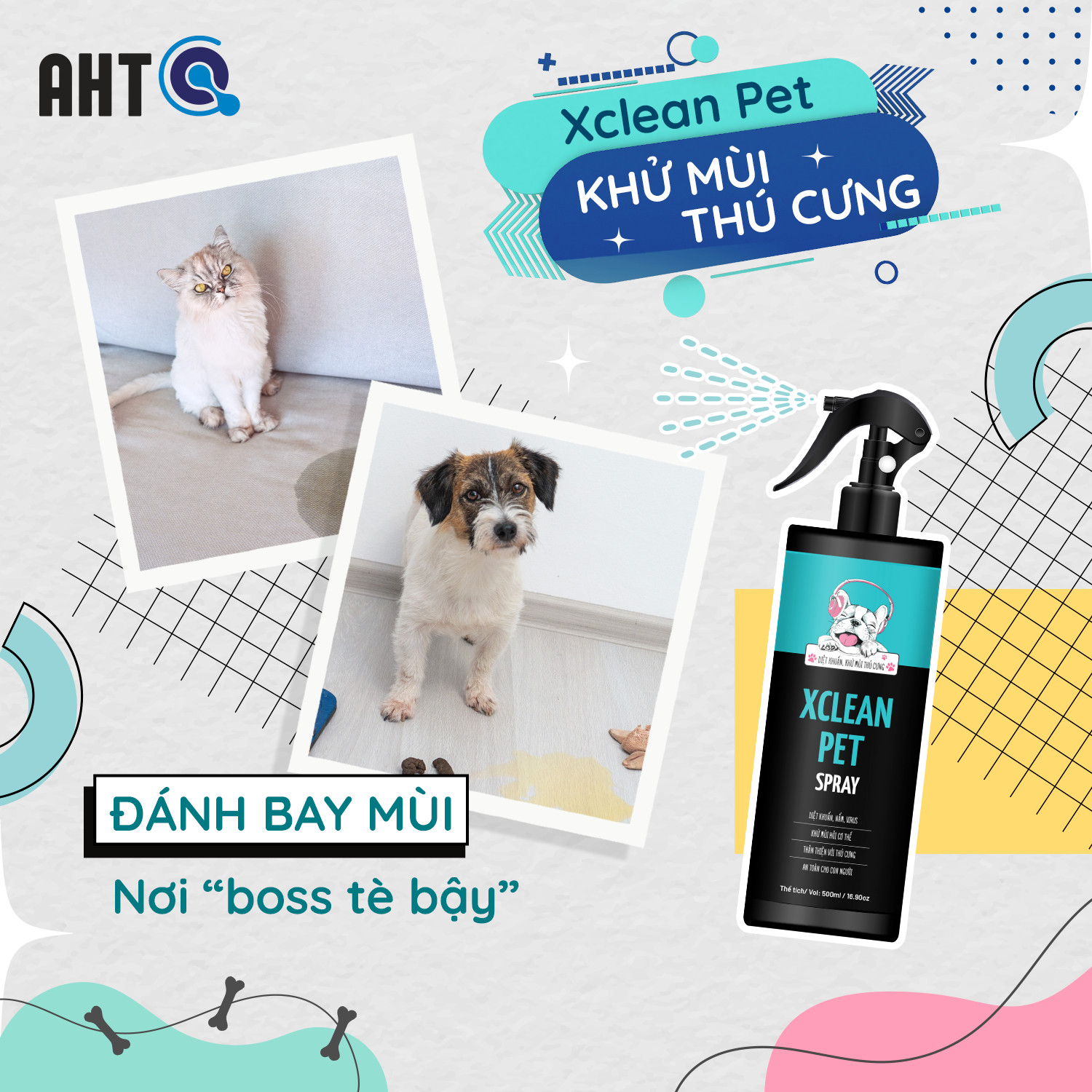 CHAI XỊT KHỬ MÙI HÔI THÚ CƯNG, KHỬ MÙI HÔI NƯỚC TIỂU CHÓ MÈO, CÁT VỆ SINH, KHAY, LỒNG, CHUỒNG CHÓ MÈO-XCLEAN PET 500ML-NANO BẠC AHT CORP (AHTC)