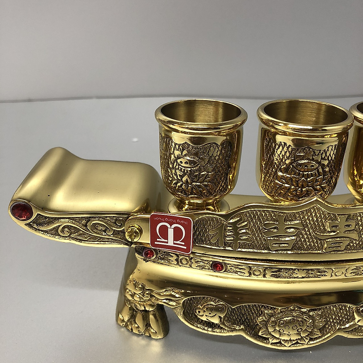 Ộ chung nước thờ cúng 3 ly bằng đồng mẫu ly họa tiết hoa sen