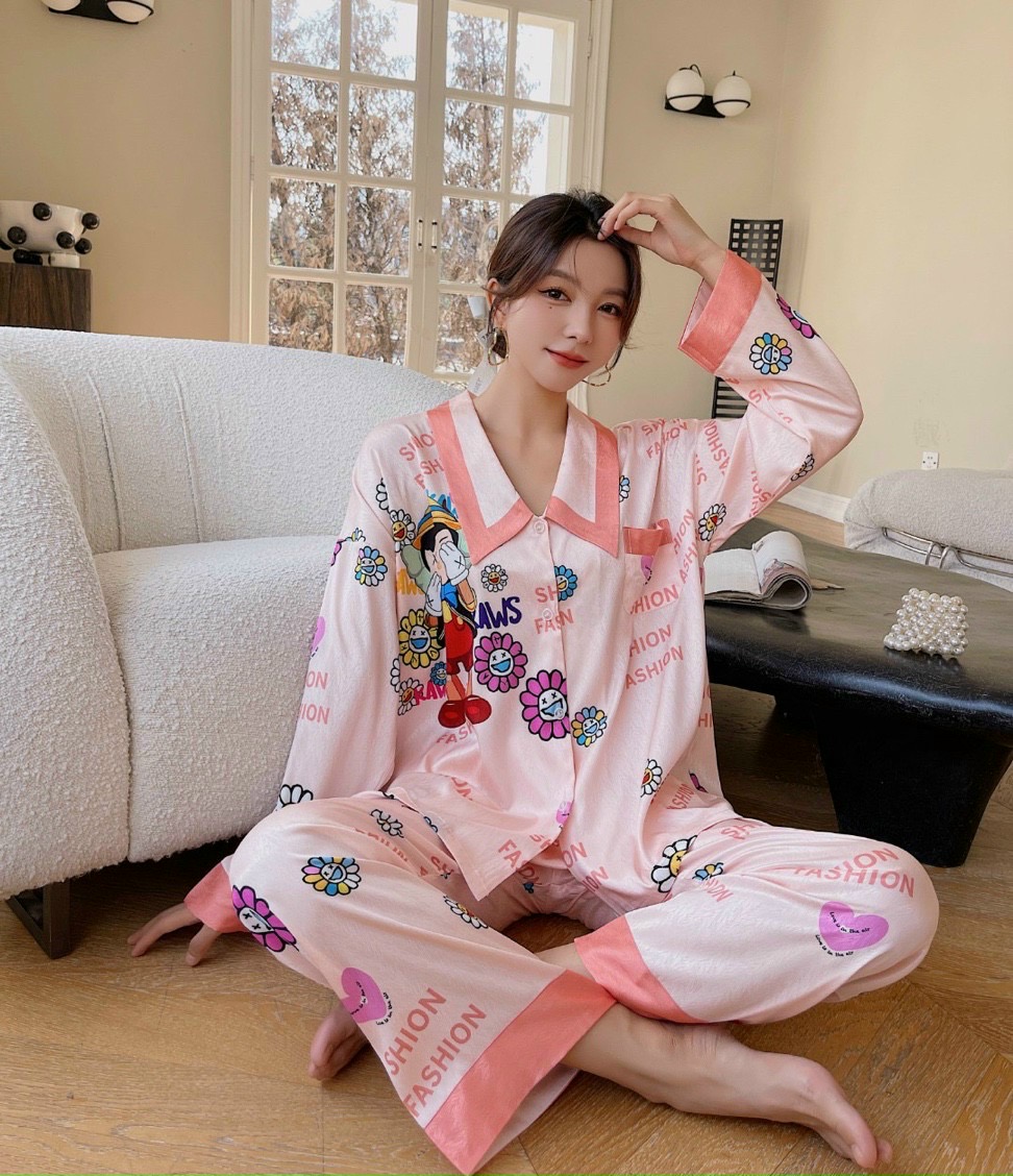 Bộ lụa tay dài quần dài, bộ lụa mặc nhà chất vải hàng cao cấp, lụa xước mã B391