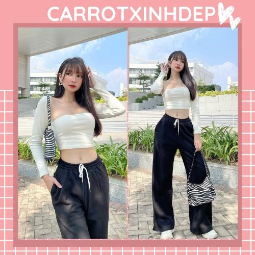 Áo croptop cổ vuông tay dài thun gân mềm mại FREESIZE DƯỚI 55KG