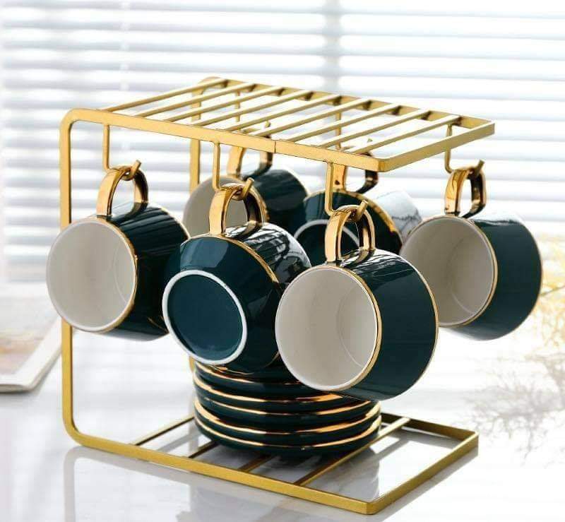 Bộ bình trà  uống trà cà phê màu xanh cổ vịt viền vàng kèm Giá treo cốc, 6 thìa vàng, 6 đĩa lót tách