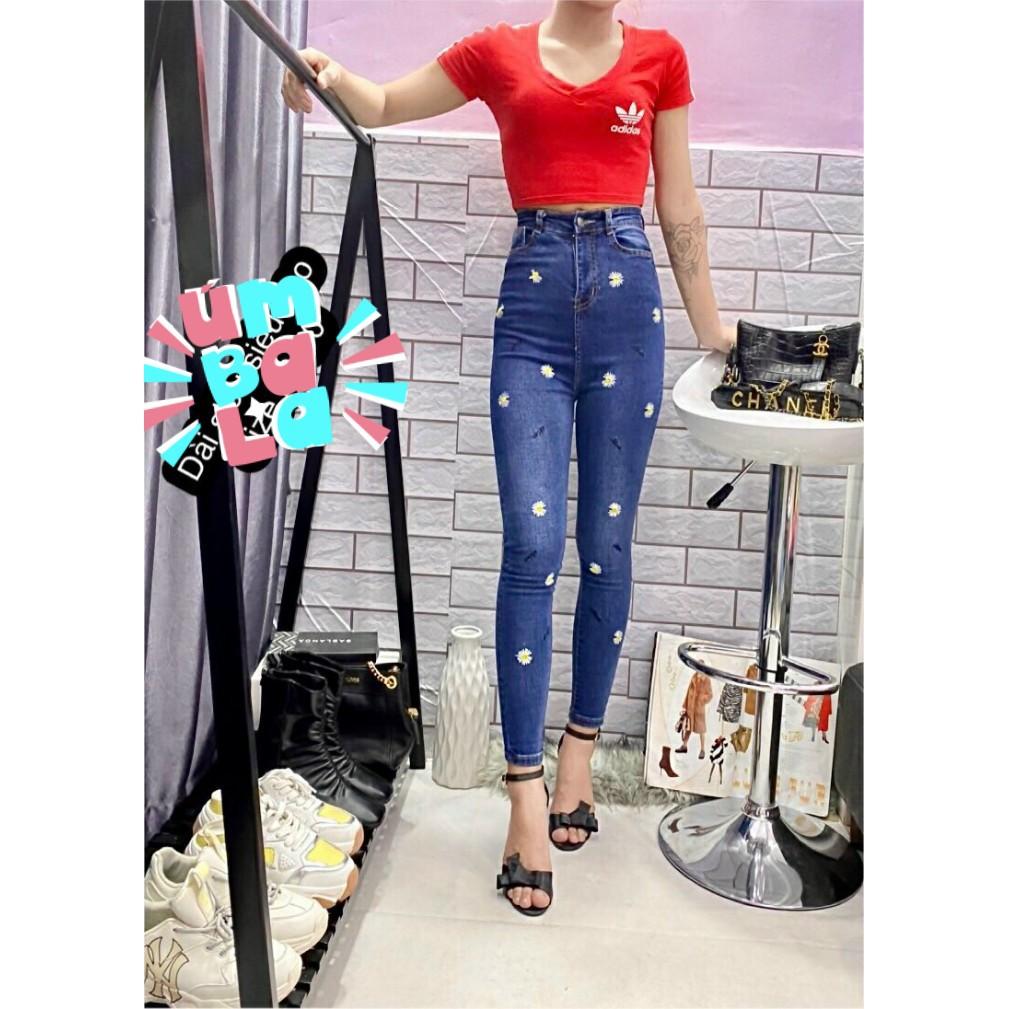 Quần jean nữ dài, mẫu thêu hoa cúc nhí ,ôm body , lưng cao, lên dáng cực xinh