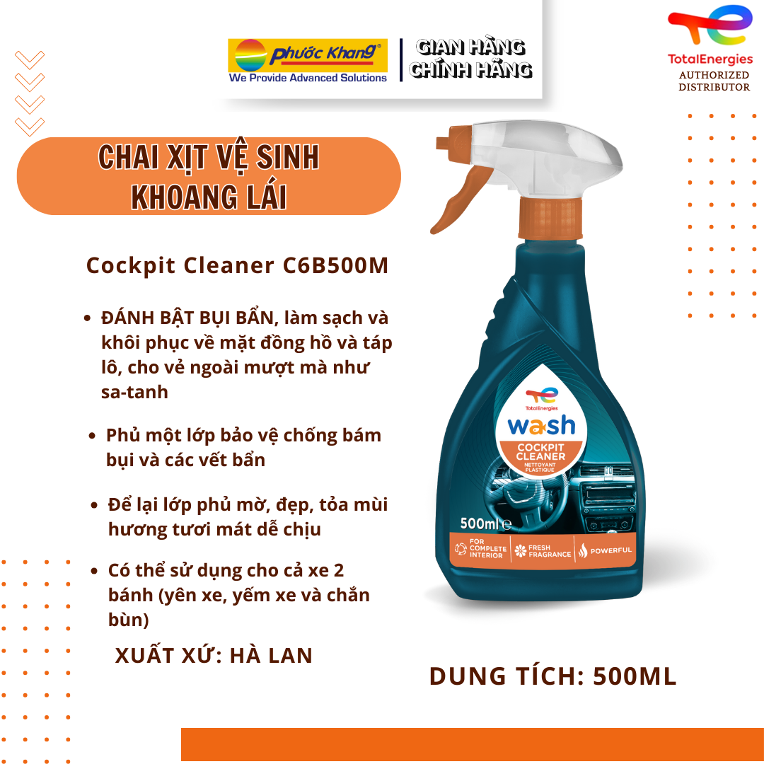 Chai xịt vệ sinh buồng lái nhựa, Vinyl nội thất ô tô Total - Cockpit cleaner  500ml