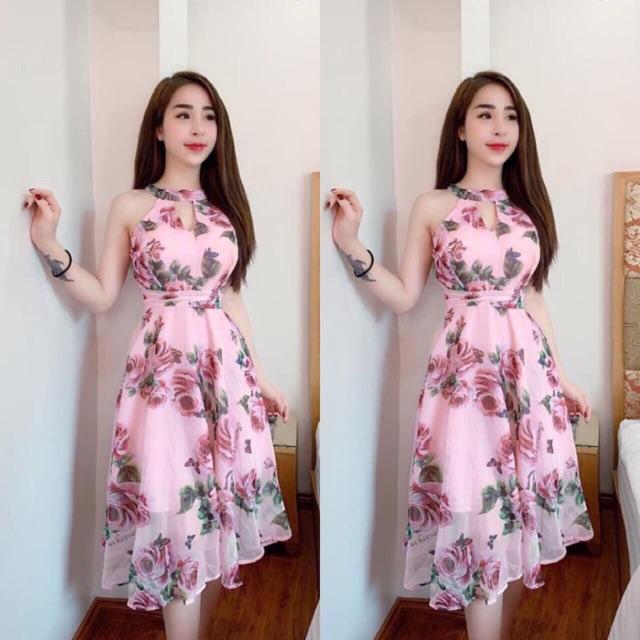 Đầm xoè hoa hồng cổ giọt nước xinh lung linh