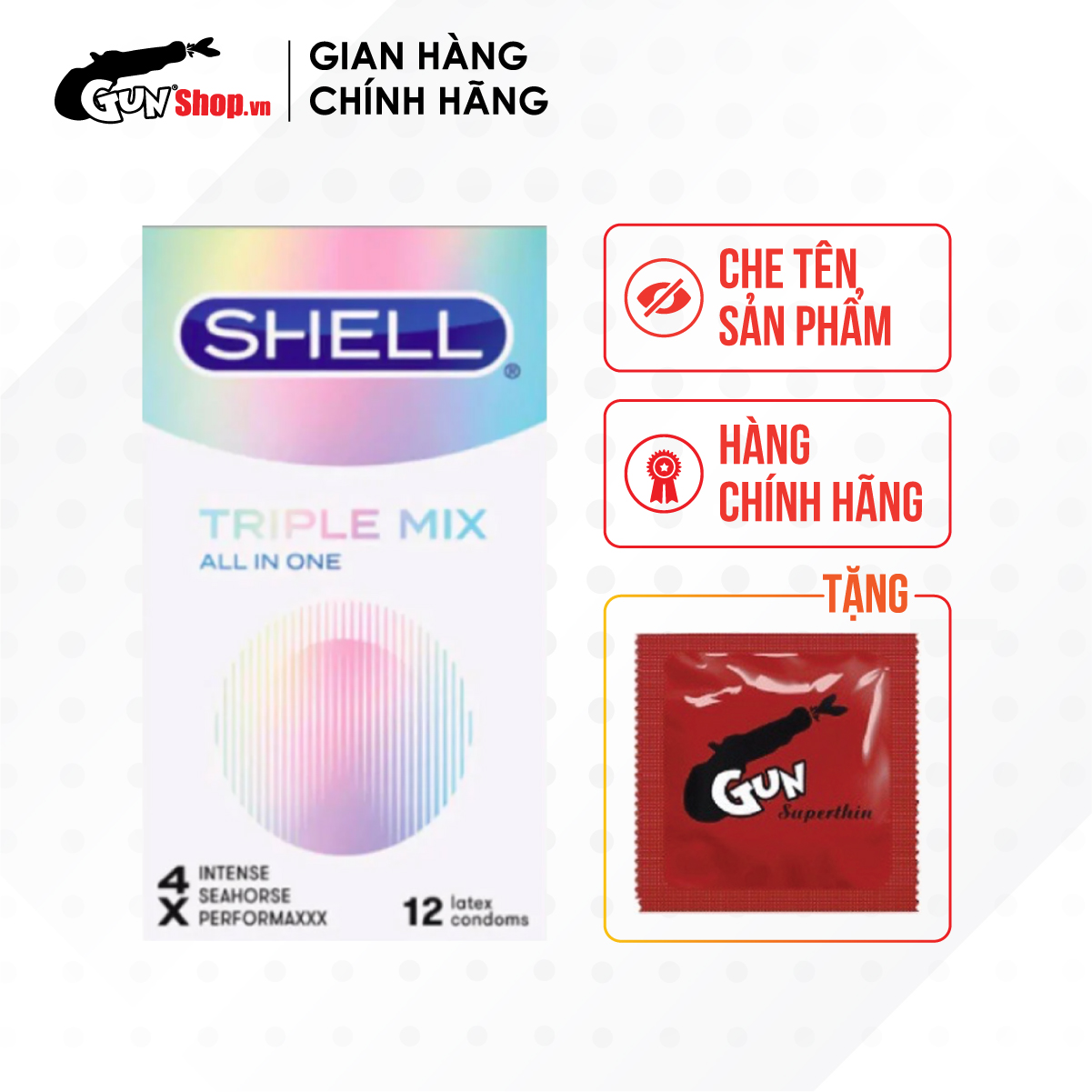 [Hộp 12 cái] Bao cao su Shell Triple Mix - Siêu mỏng, mát lạnh, gân gai kèm 1 chiếc BCS Gun Super Thin