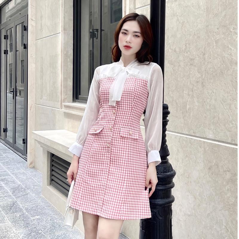 FREE SHIP Đầm thiết kế dạ kẻ phối voan thanh lịch sang chảnh KGIA DS