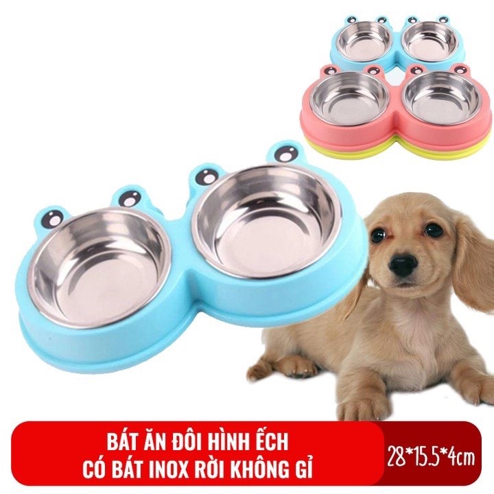 Bát ăn đôi inox cho chó mèo hình ếch, bát ăn 2 ngăn cho thú cưng lõi inox siêu bền, dễ vệ sinh