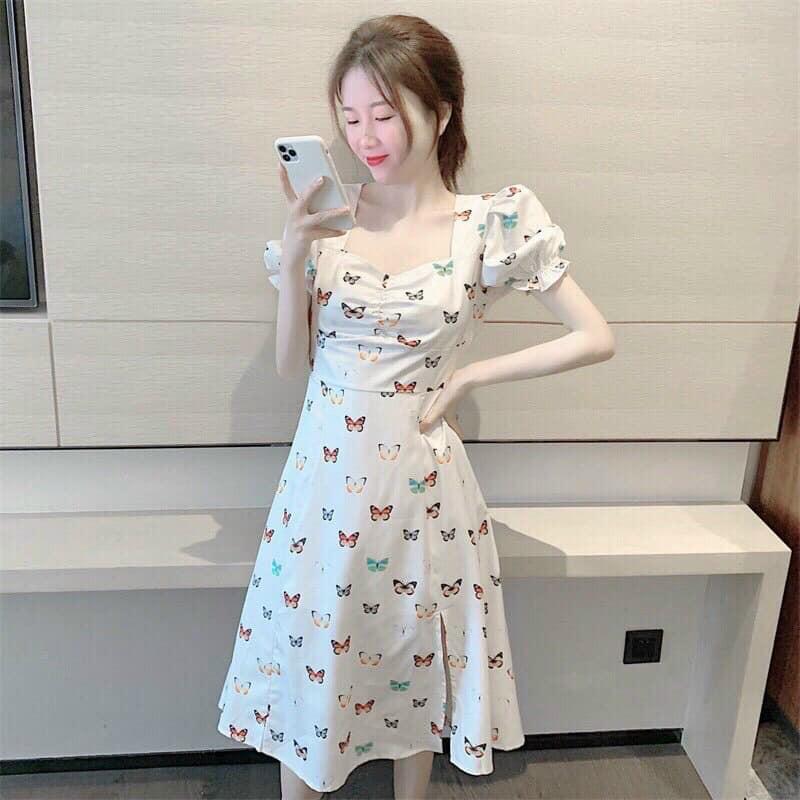 Đầm xẻ tà dáng suông nhún ngực tay phồng tiểu thư
