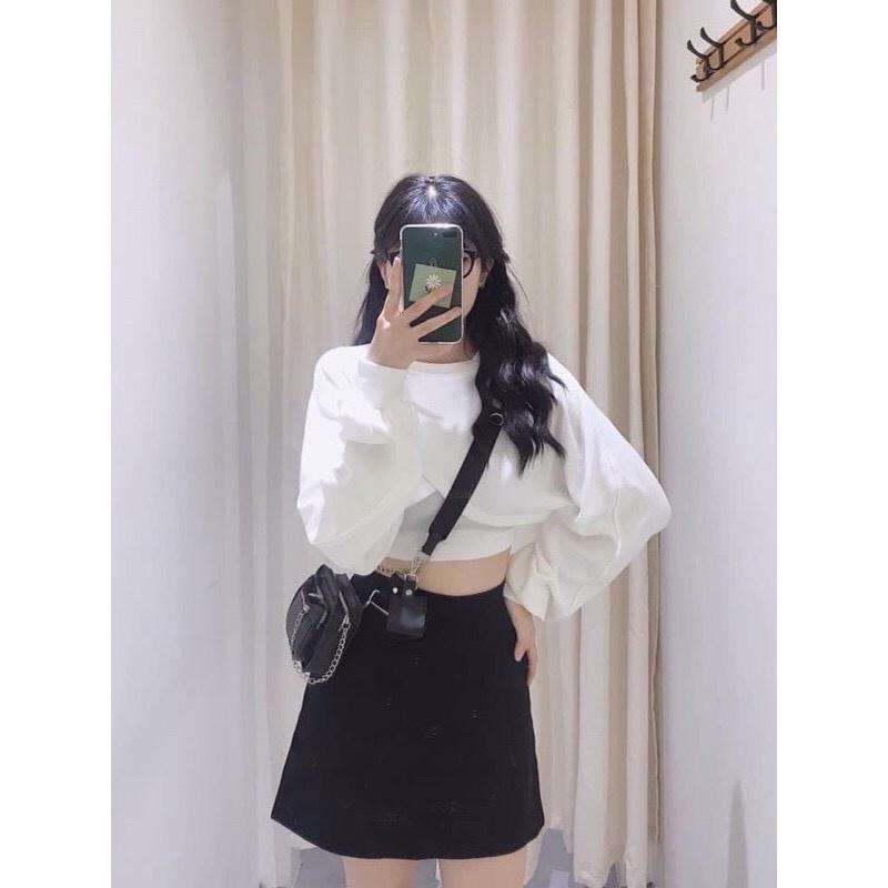Áo croptop tay dài form rộng, áo kiểu nữ croptop tay phồng co giãn tặng kèm bra Ulzzang, phong cách Hàn Quốc, AO011