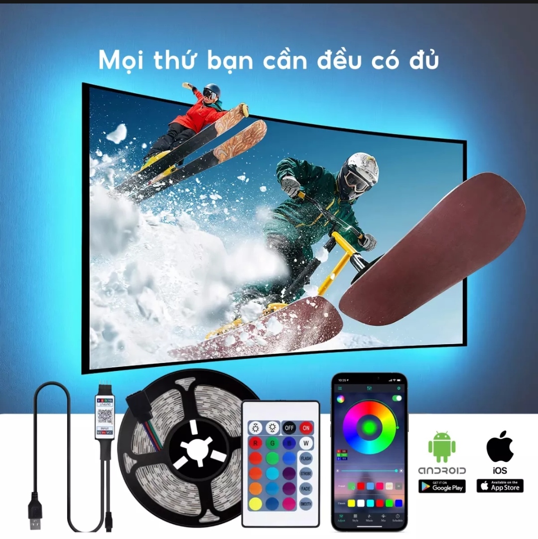 Dây đèn led RGB 16 triệu màu, LED RGB 5050 điều khiển thông minh, led dán tường thông minh