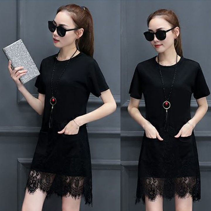 Váy Nữ Xuông Phối Ren Dáng Chữ A, 100% Cotton Phối Ren, 4 Màu Lựa Chọn, Thời Trang Công Sở Dạo Phố