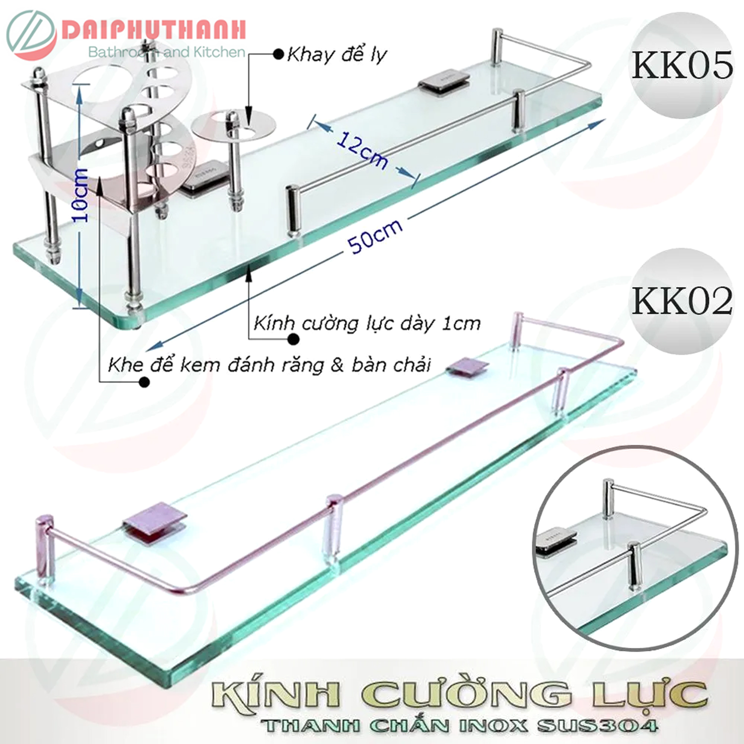Kệ Kính Cường Lực Đa Năng Nhà Tắm Phụ Kiện Inox SUS304 - Kệ để ly, bàn chải, mỹ phẩm