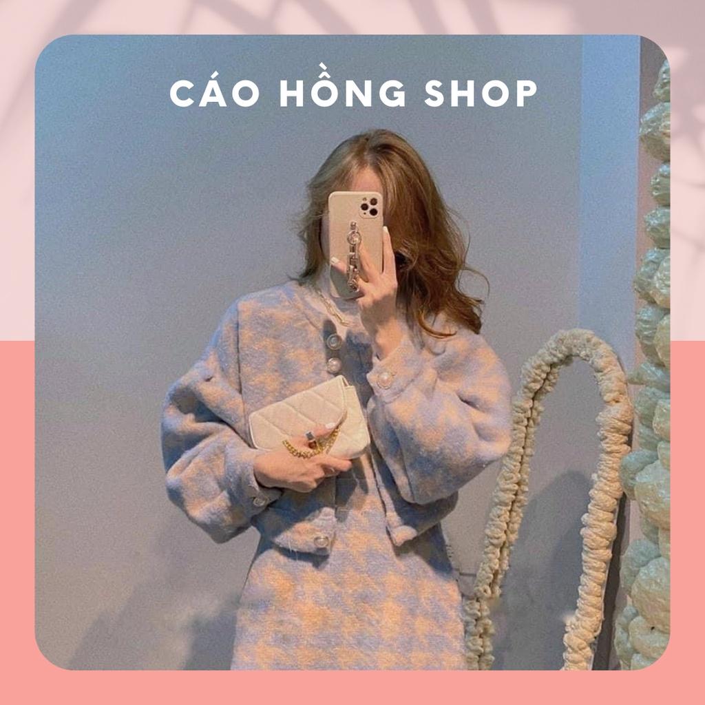 Bộ Dạ Bông Caro Giấu Eo, Set Áo Khoác Dạ Bông và Chân Váy Giấu Eo Họa Tiết Caro / Size S-M / Cáo Hồng Shop