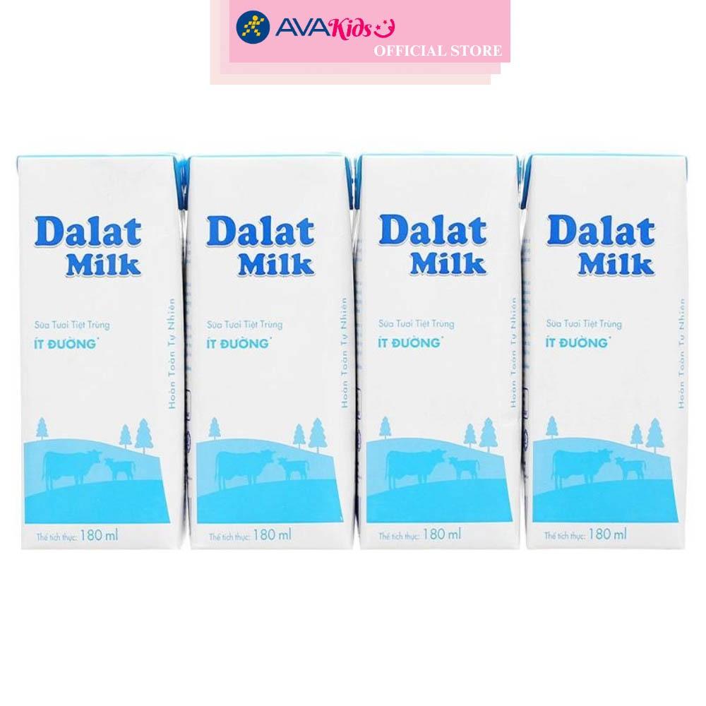 Lốc 4 hộp sữa tươi tiệt trùng Dalat Milk ít đường 180 ml (từ 1 tuổi)