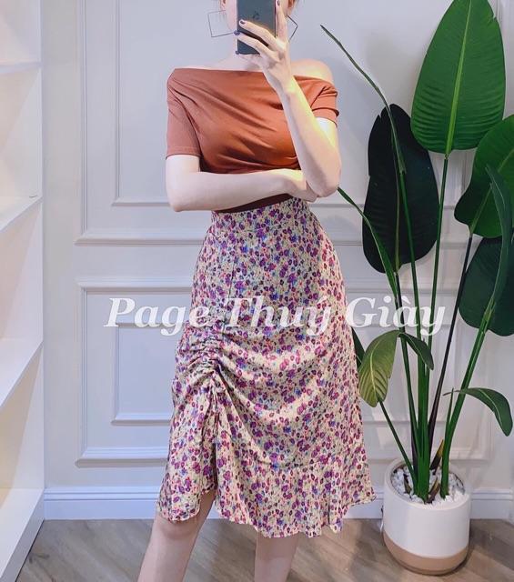 Set áo thun lệch vai chân váy hoa