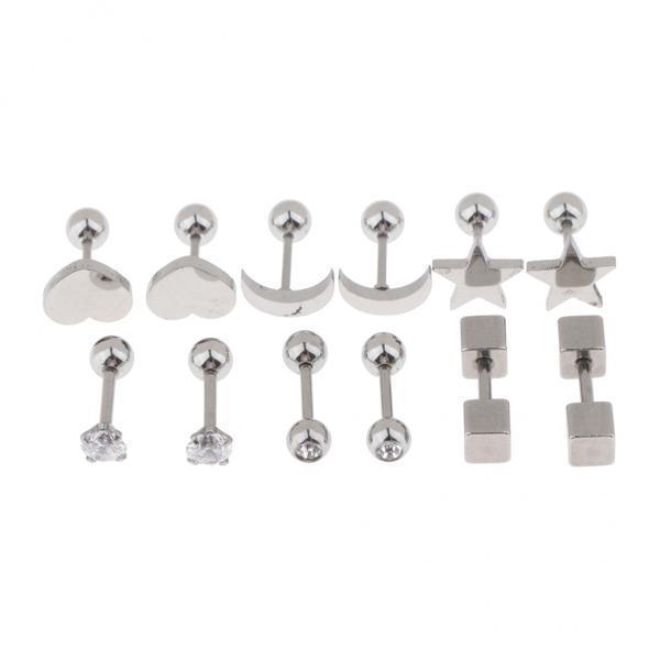 2X 6 Pairs Stainless Steel Ball Screw Back Earrings Star Heart Moon Stud Silver