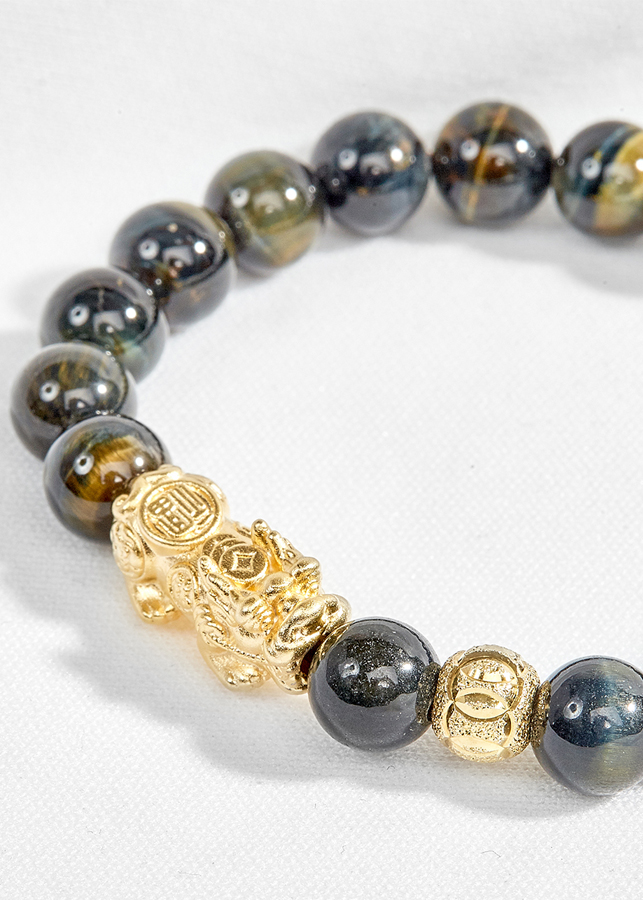 Vòng tay mắt hổ xanh đen thiên nhiên phối tỳ hưu mạ vàng Ngọc Quý Gemstones