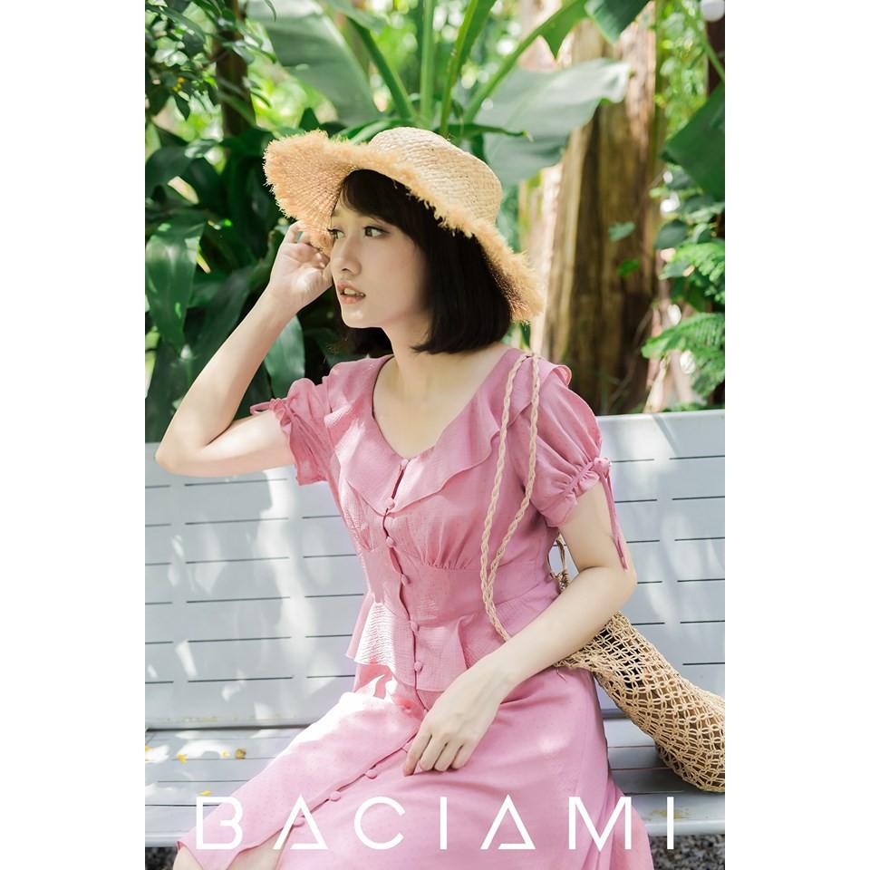 Baciami-Đầm Hồng Cổ Bèo Eo Thun