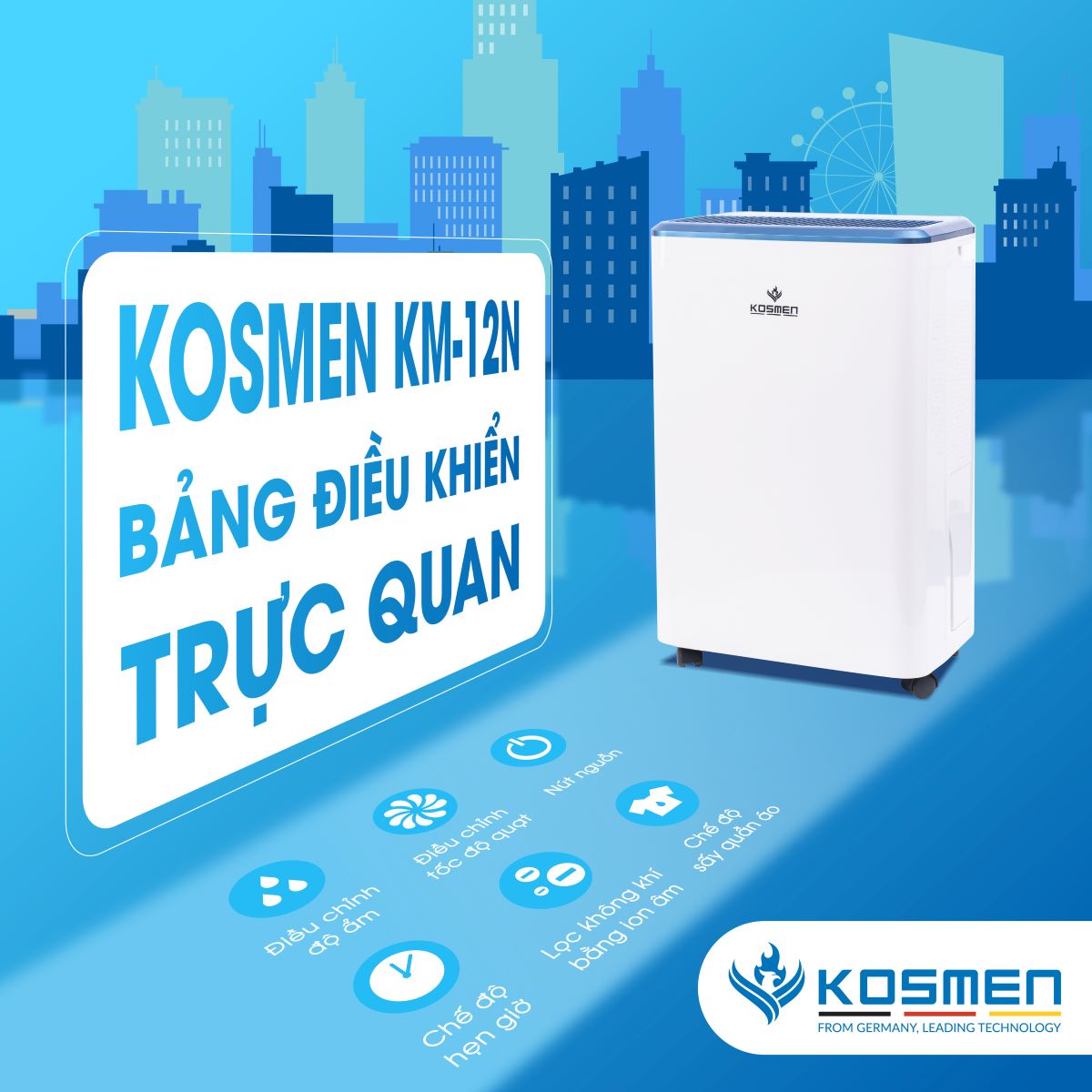 Máy hút ẩm lọc không khí Kosmen KM-12N - Hàng Chính Hãng