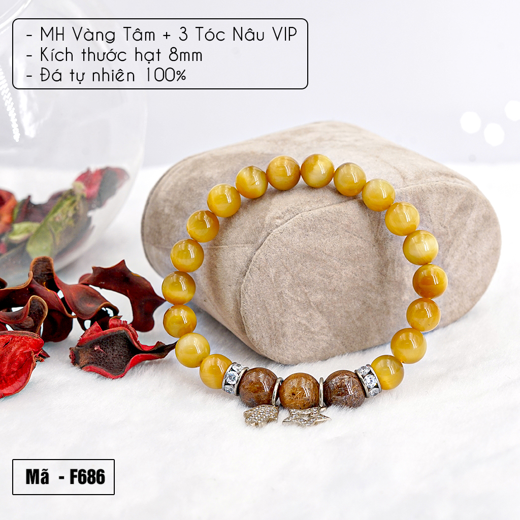 Vòng tay phong thủy Mắt hổ vàng 8mm + 3 Tóc nâu VIP