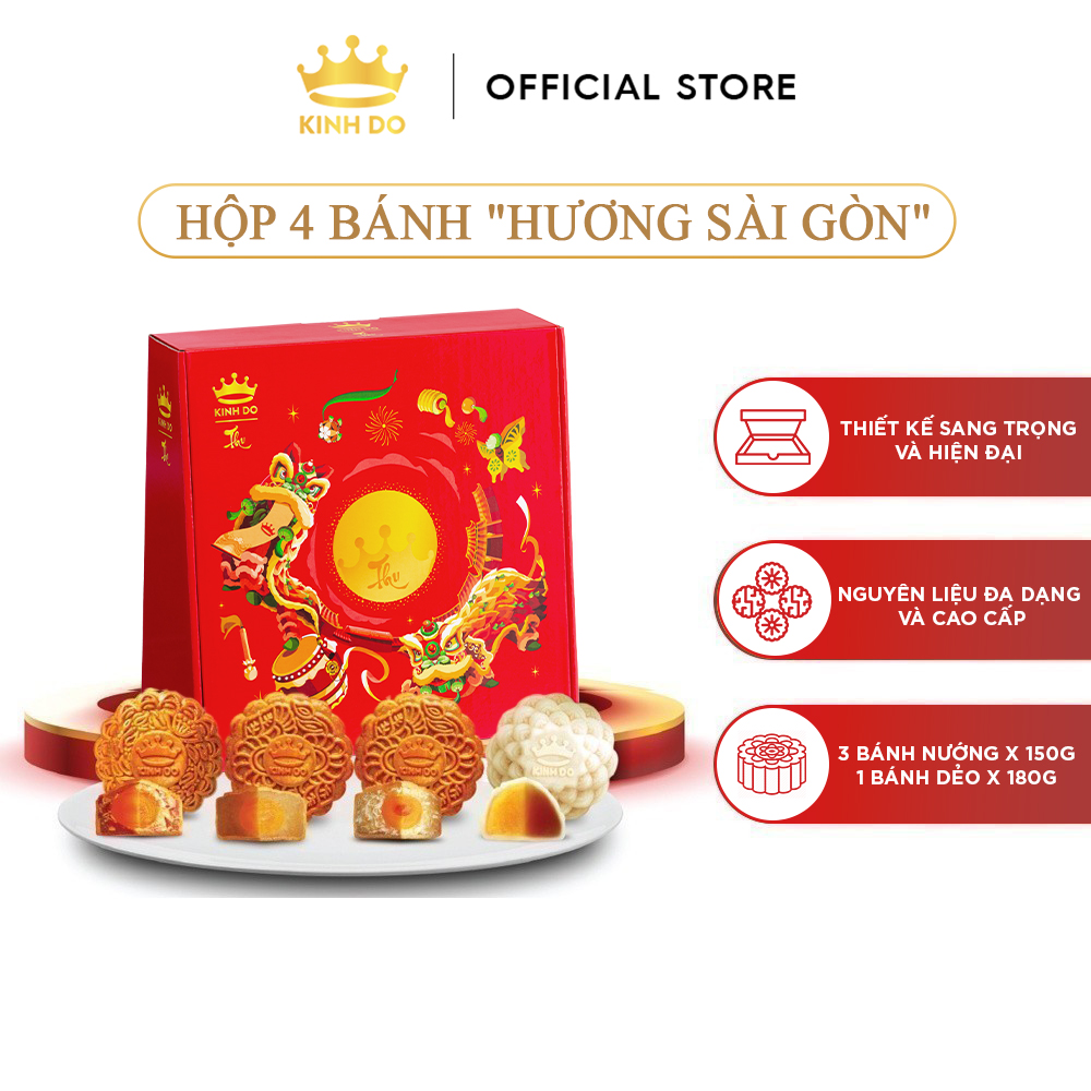 Tặng lồng đèn giấy - Hộp 4 bánh trung thu Kinh Đô &quot;Hương Sài Gòn&quot; (3 bánh x 150g + 1 bánh x 180g)