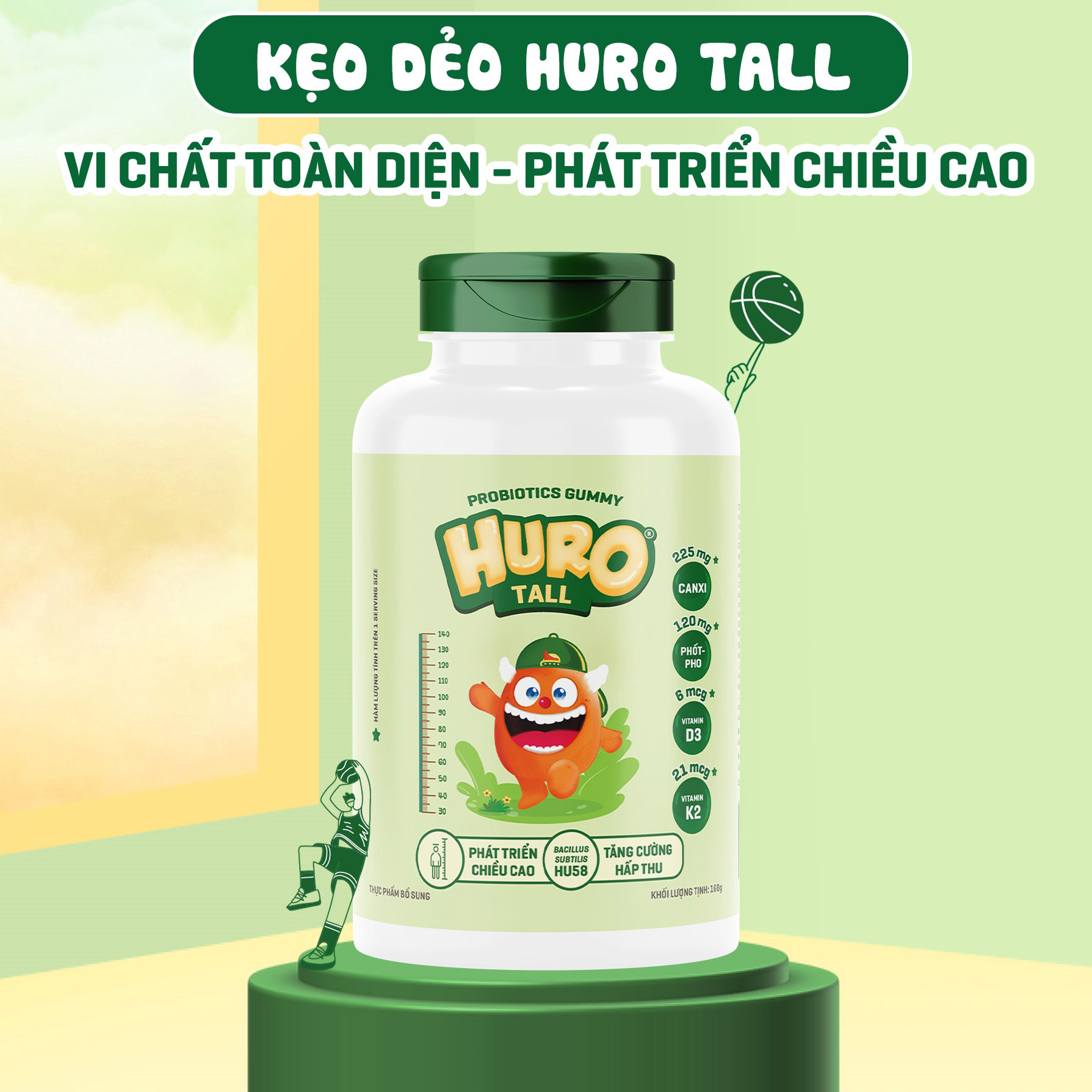Kẹo dẻo Huro Tall – Giàu Canxi, D3, K2, Photpho và lợi khuẩn giúp phát triển chiều cao cho trẻ em (Hộp 56 viên)