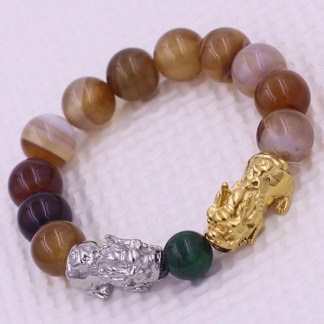 Vòng chuỗi đeo tay mã não nâu sọc 12 ly charm tỳ hưu đôi inox trắng và vàng, vòng chuỗi phong thủy, charm tỳ hưu, vòng tay hạt chuỗi