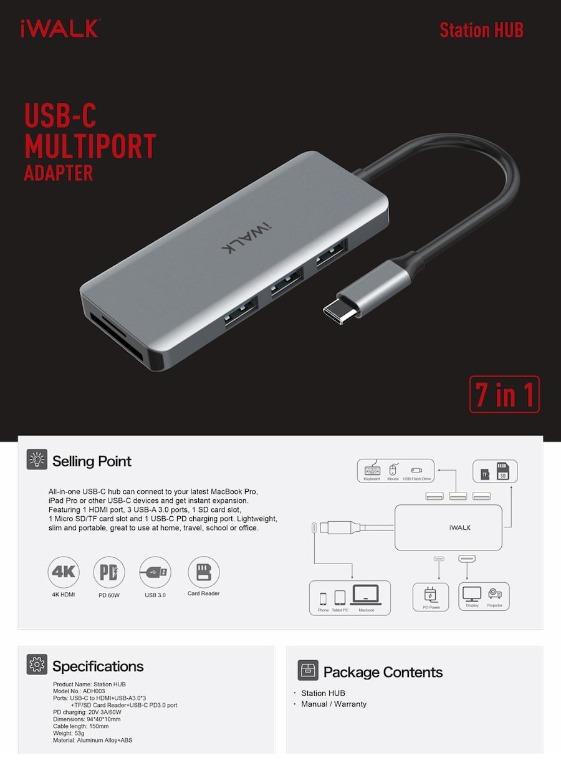 Thiết bị mở rộng USB type-C sang HDMI- iWALK ADH003 All-in-One - Với 1 cổng HDMI 4K, 3 USB-A 3.0, 1 SD, 1 Mirco SD/TF và 1 Type-C PD 3.0 - Dành cho MacBook Pro, iPad Pro, hoặc thiết bị cổng Type-C-Hàng chính hãng