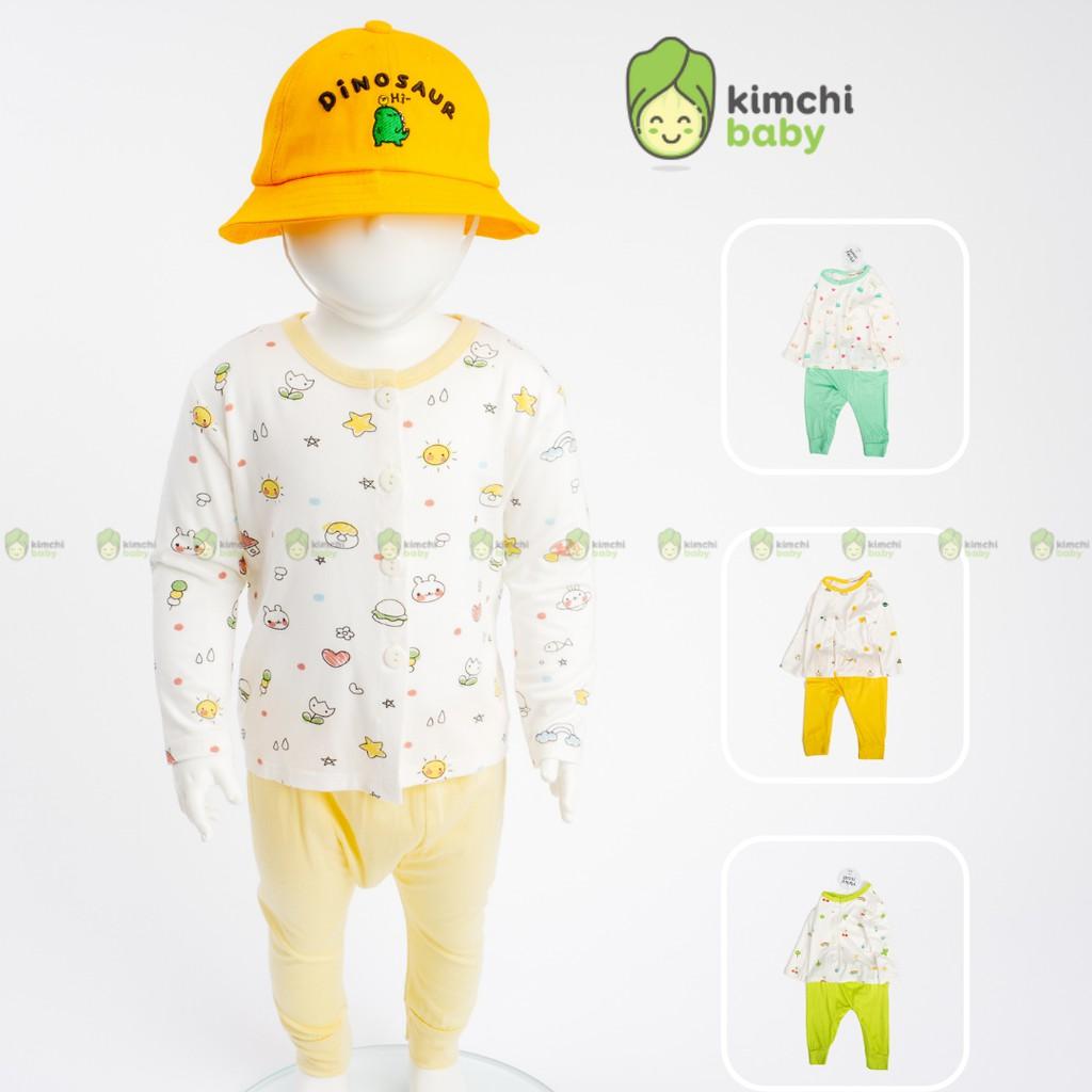 Đồ Bộ Bé Gái, Bé Trai Sơ Sinh Minky Mom Vải Thun Lạnh Hoạ Tiết Cầu Vồng Cổ Viền, Bộ Dài Tay Cúc Giữa Cho Bé MKMSS2101