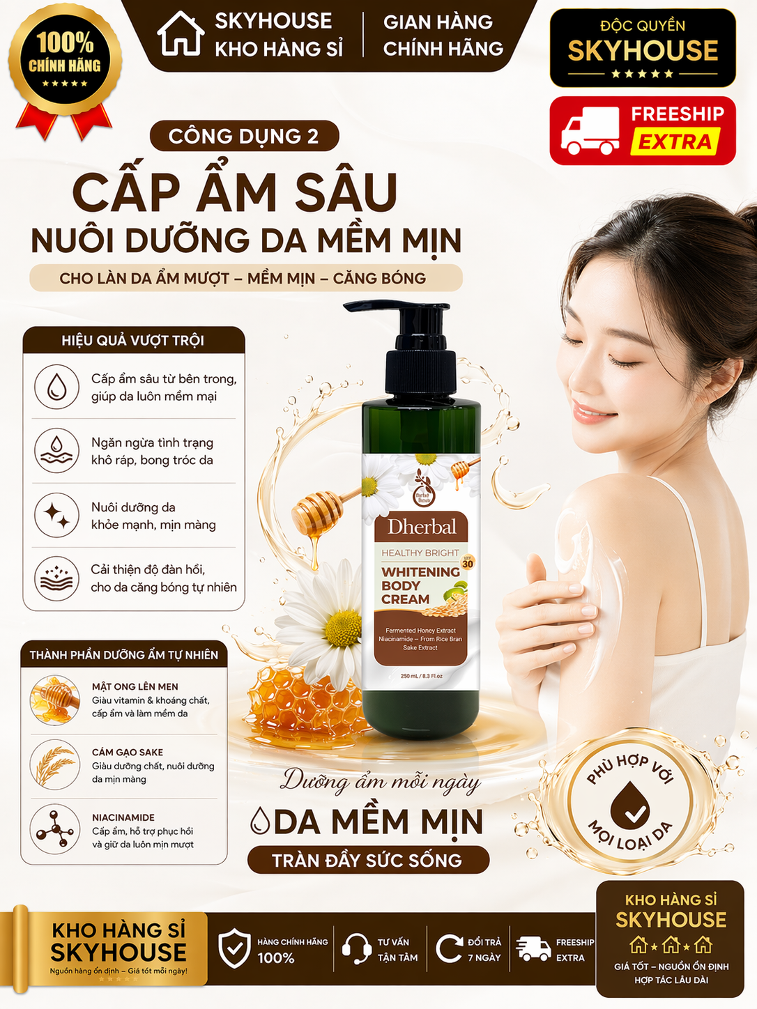 Kem dưỡng trắng da thiên nhiên độc quyền WHITENING BODY CREAM DHERBAL chai 250ml kem chống nắng toàn thân chính hãng