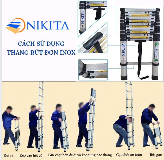 Thang Nikita rút đơn inox, chân tròn có rãnh chống trượt, an toàn, dễ di chuyển