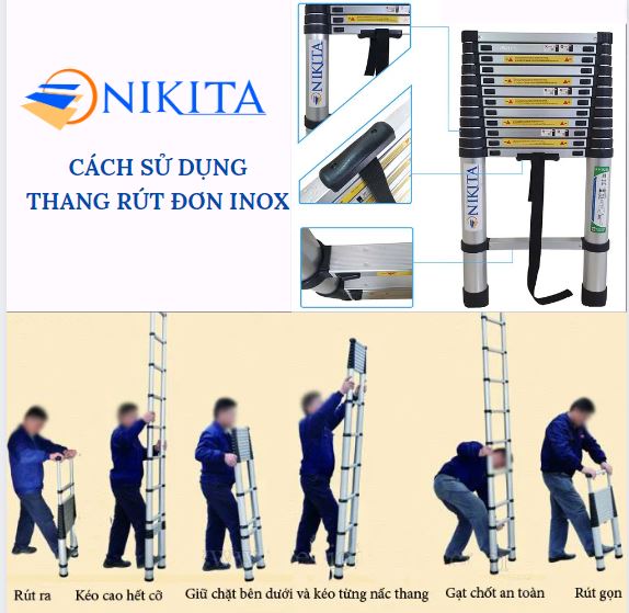 Thang INOX rút đơn nhập khẩu gấp gọn, chống trượt, tiện dụng, an toàn, nhiều kích thước, sản phẩm mới Nikita 2024
