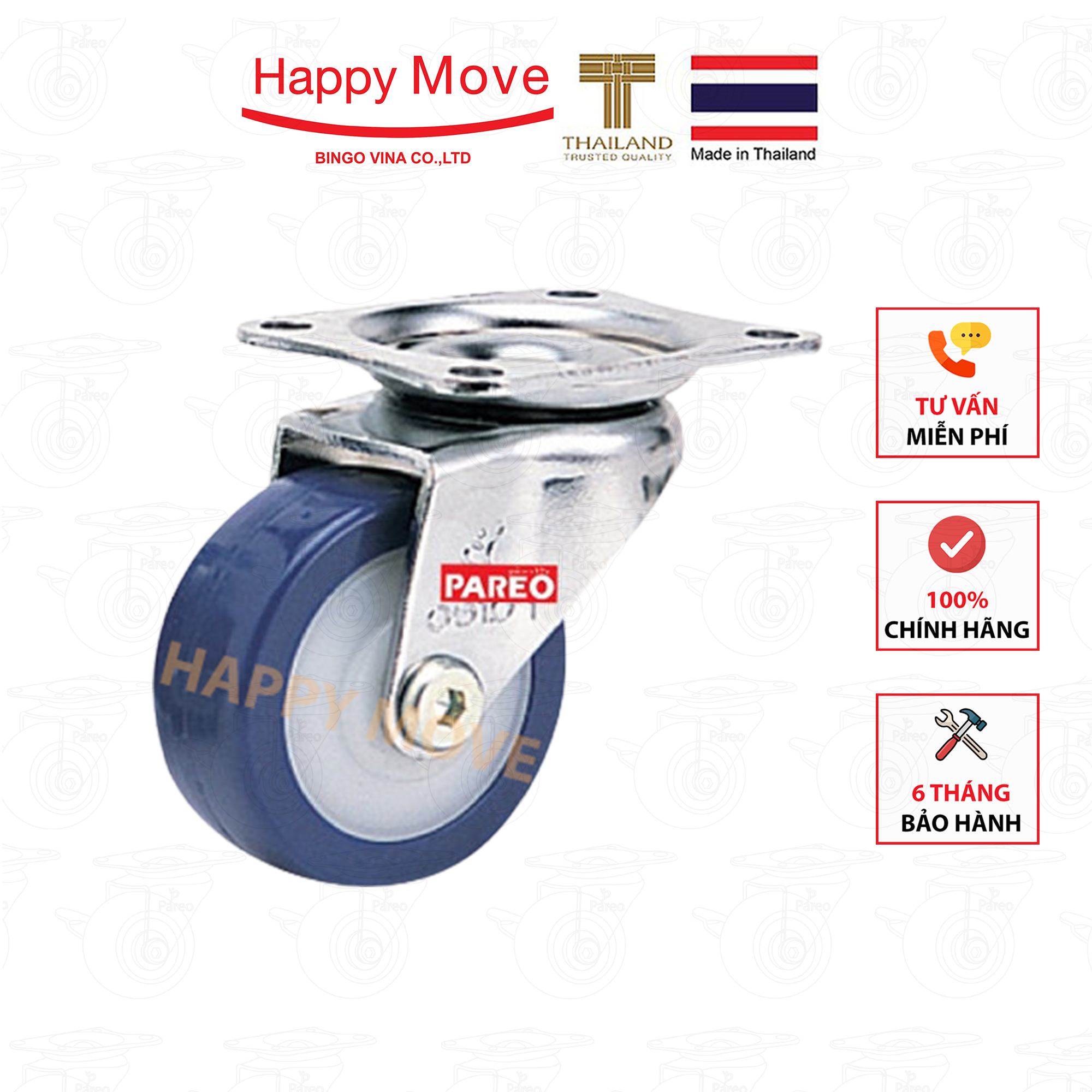 Bánh xe đẩy PU tải nhẹ càng xoay 360 độ - 50-65-75mm - Happy Move Thái Lan