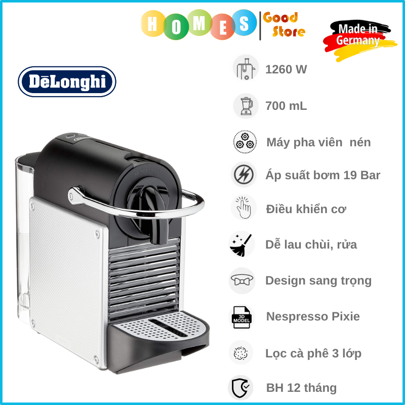 Máy Pha Cà Phê Viên Né DELONGHI Nespresso Pixie EN124S, Sản Xuất Tại Slovenia, Công nghệ Thermoblock, Dung Tích 0.7 L, Áp Suất 19 Bar, Công Suất 1260W - Hàng Nhập Khẩu Đức