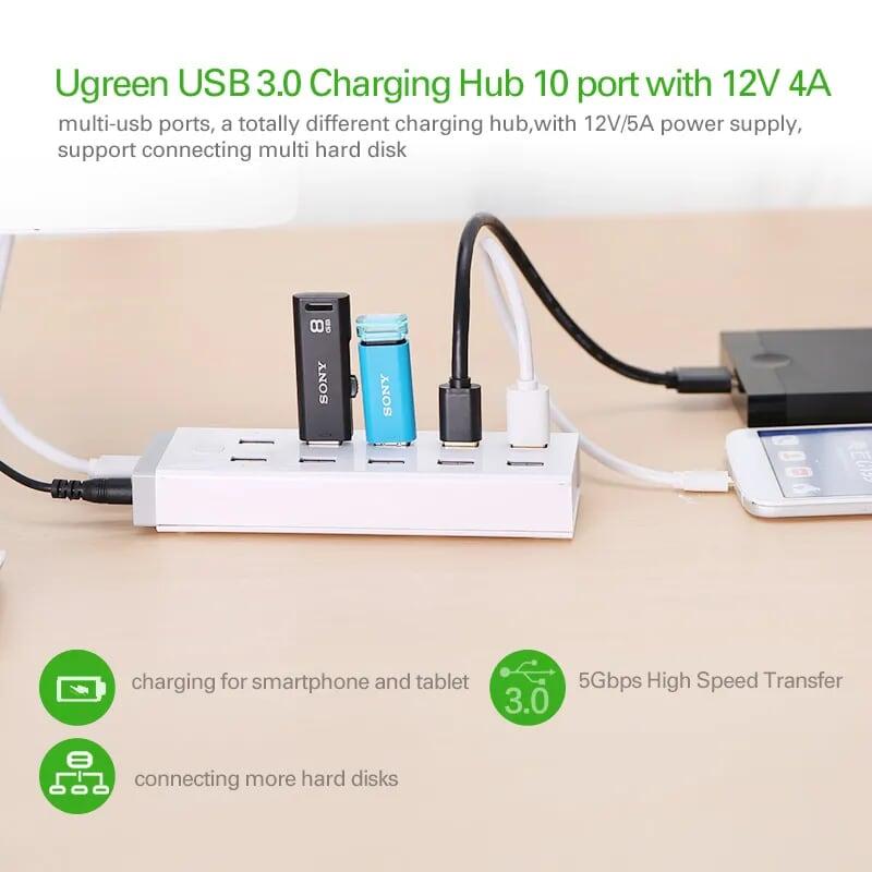 Ugreen UG20297CR117TK Màu Trắng Bộ chia HUB USB 3.0 sang 10 USB 3.0 hỗ trợ nguồn 12V - HÀNG CHÍNH HÃNG