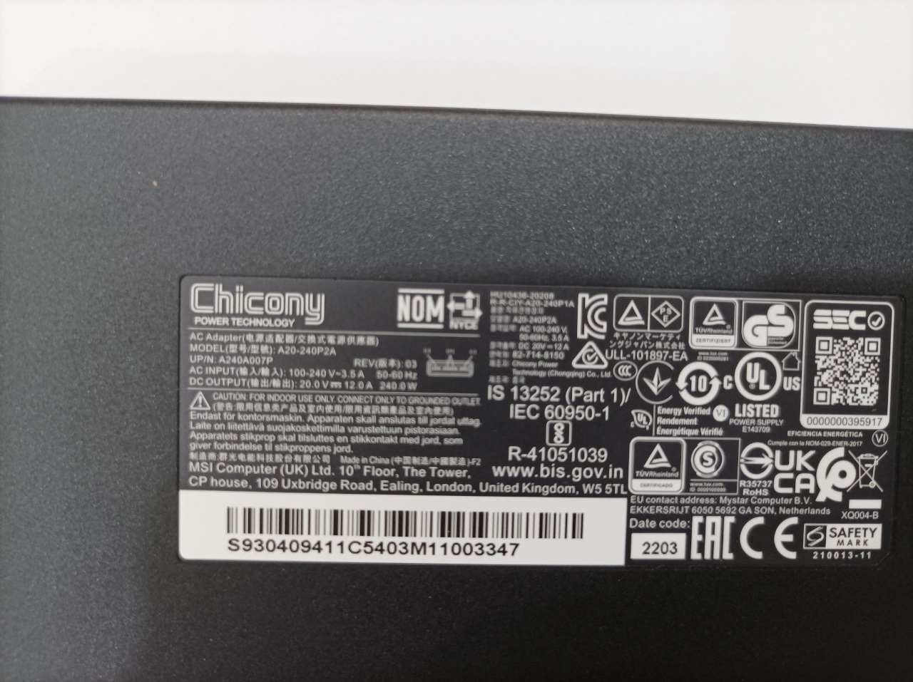 Sạc dành cho Laptop MSI GE66 GE76 Raider 230W 20V 11.5A Chicony AC Adapter Connecter Size USB 3-prong  hàng nhập khẩu