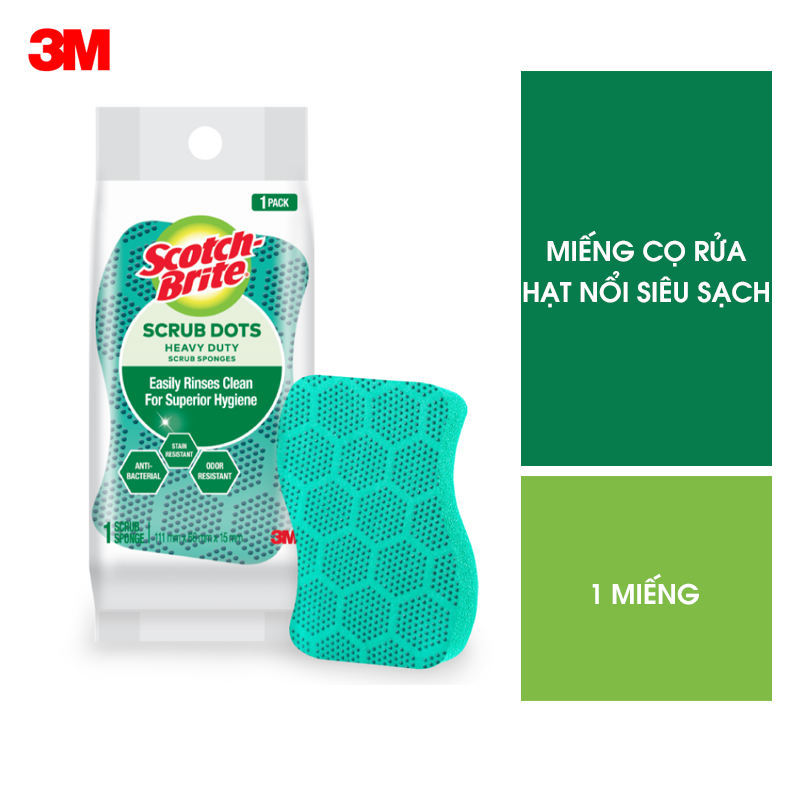 Miếng rửa chén hạt nổi siêu sạch Scotch-Brite 3M đa năng, mút hạt nổi kháng khuẩn, không bám cặn bẩn gây mùi, dễ vệ sinh