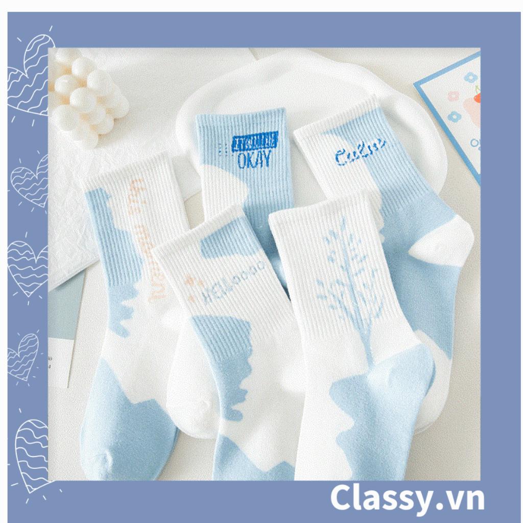 Tất cổ cao Classy, vớ cổ cao màu xanh trắng, chất cotton êm chân G1354
